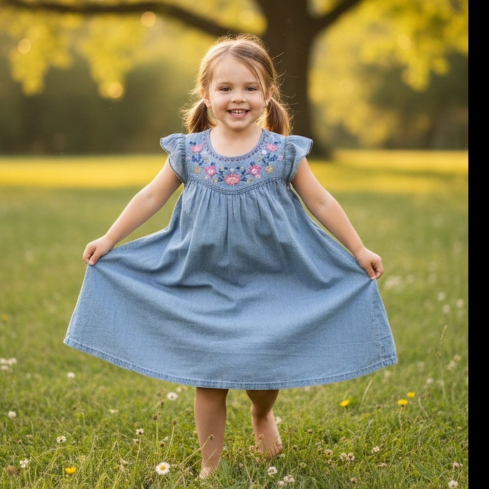 Carter’s  Girls 7 Blue Cotton/Lyocell Embroidered Floral Belted Summer Dress